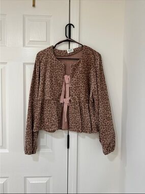 Leopard Print Tie-Front Peplum Shirt Jacket - Pink Brown